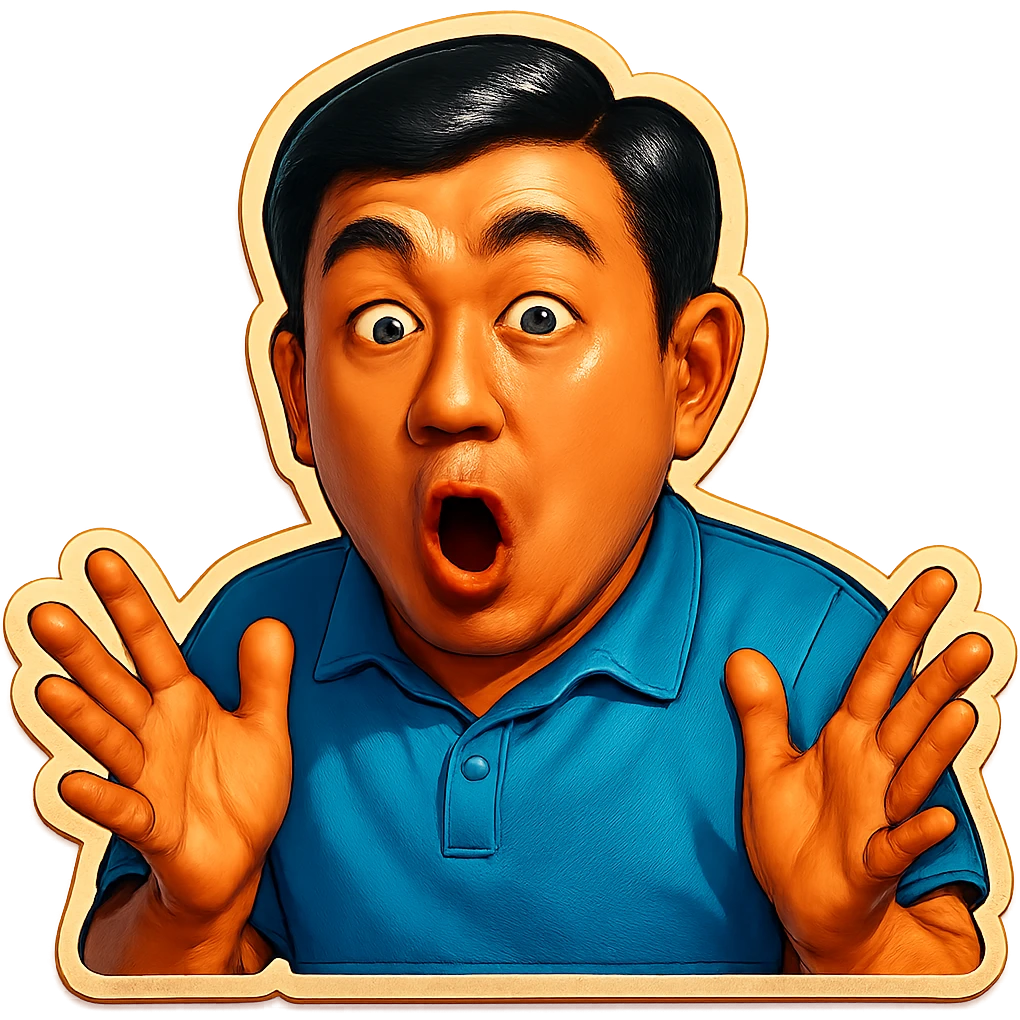 The same Japanese man looks at the viewer with a surprised look, and his hands are empty emoji