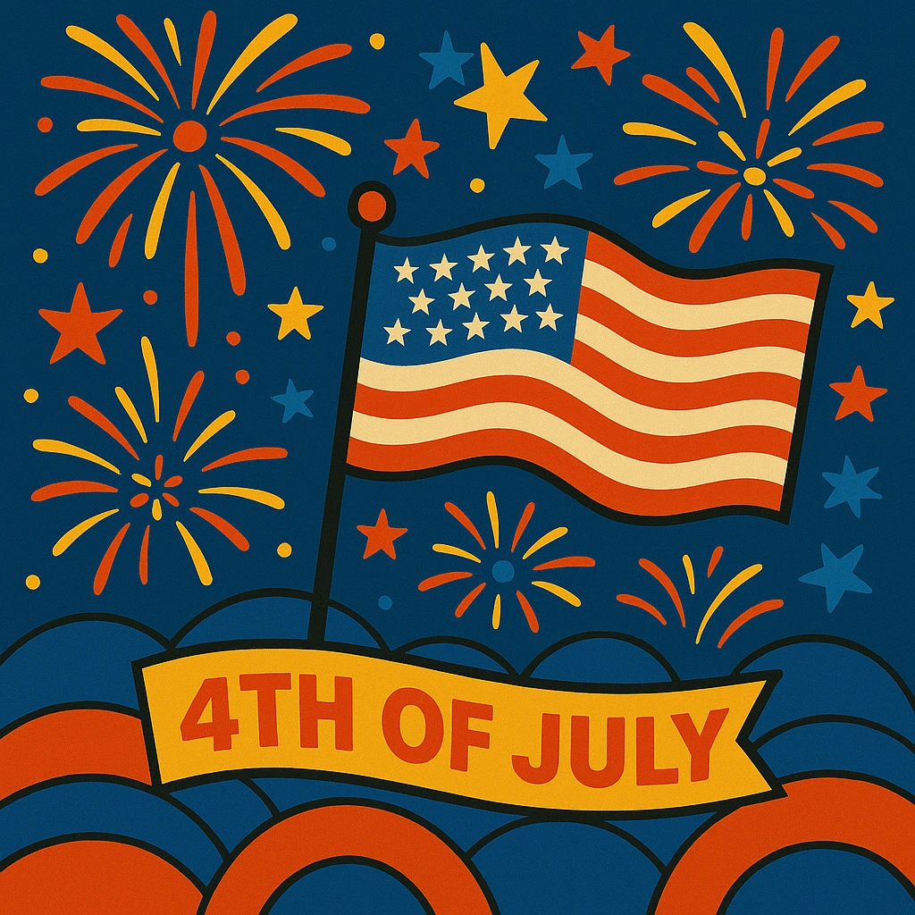 Add more fireworks in the sky, keep the vibrant 4th of July celebration style with colorful and festive fireworks illuminating the night sky. emoji