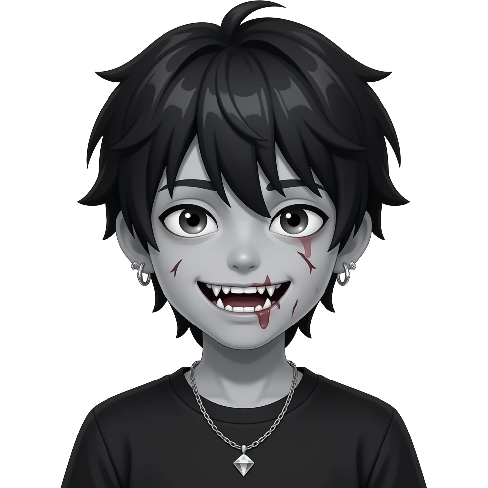 Black and white zombie teen boy with mouth being able to see teeth because he is a zombie make it have diamond grills and make him have black anime style hair with gray skin on blakc bg emoji