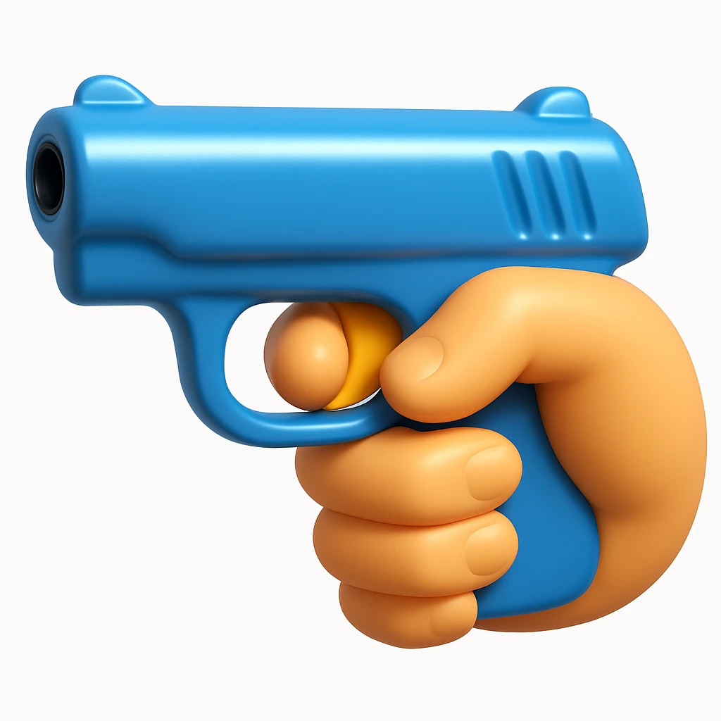A 3D iOS emoji-style close-up of an index finger pulling a pistol's trigger, showing only the hand and the trigger area inside the trigger guard; stylized, non-realistic toy-pistol look, glossy Apple-style finish, clean white background.
 emoji