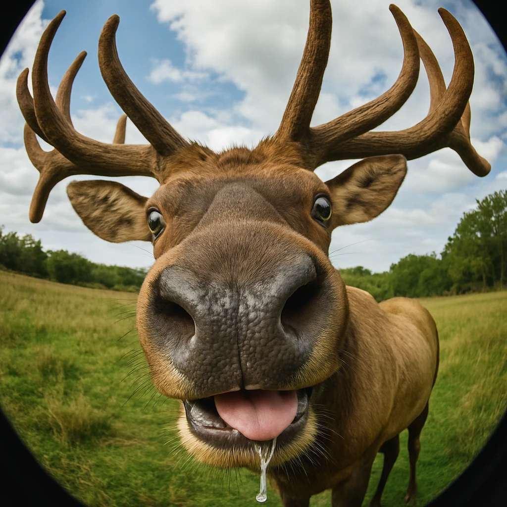 a closeup of a elk's face, fisheye lens, funny, meme, elk with big antlers, funny face, deer moose, drooling emoji