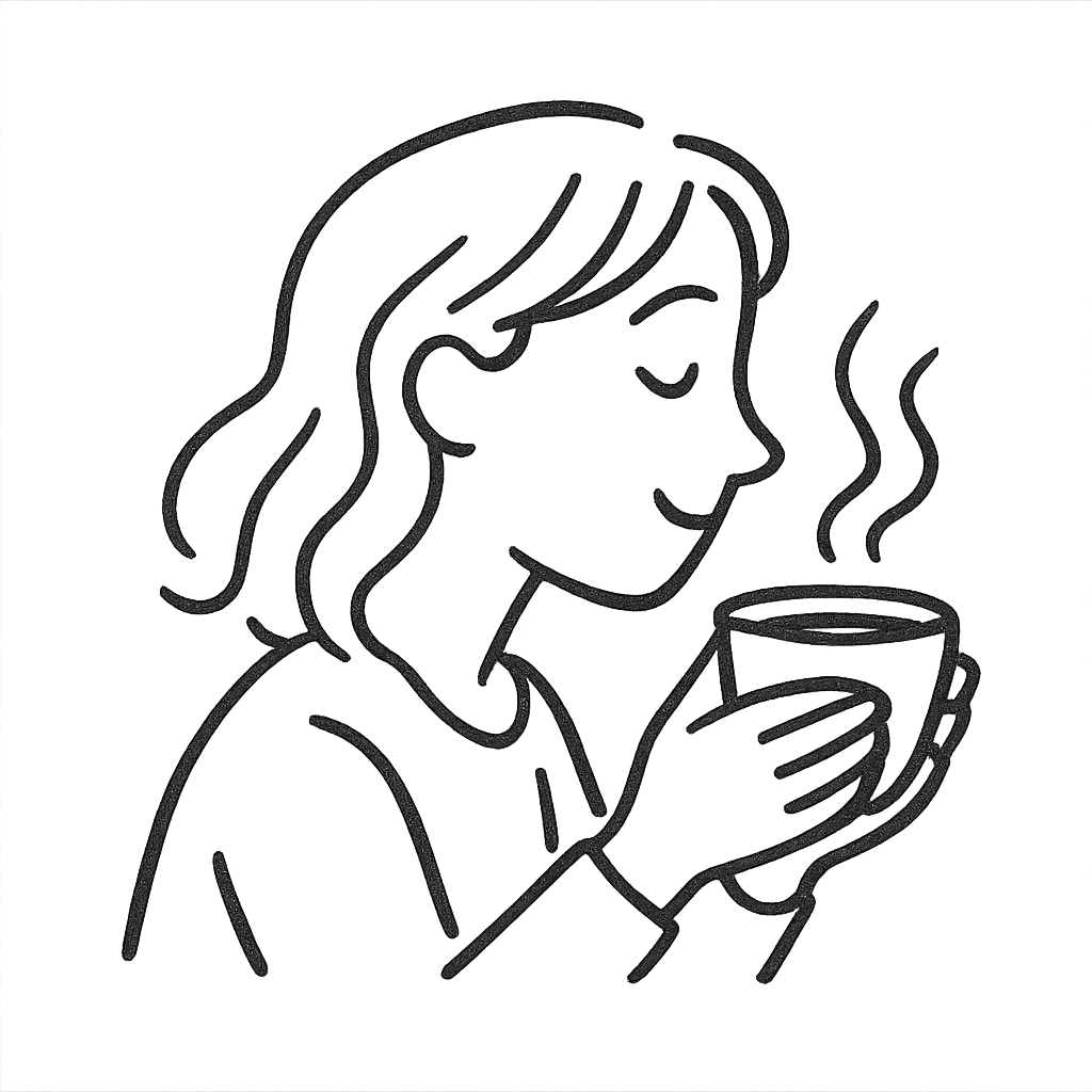casual pen sketch style emoji: woman in profile with a gentle smile, both hands around a steaming coffee cup, minimalistic lines, mostly black and white, cozy and peaceful vibe, expressive face emoji