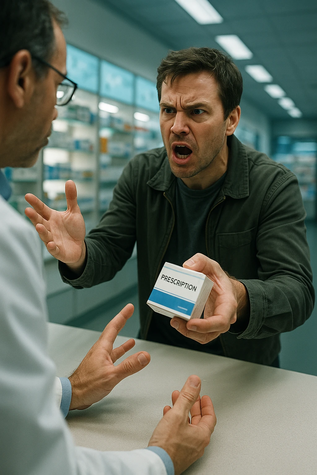 Cinematic Frustrated man at pharmacy counter demanding immediate pain relief medication, expression of impatience wanting instant symptom elimination, ignoring pharmacist's questions about underlying causes, grabbing prescription bottle eagerly, symptom suppression taking priority over healing, modern medicine aisle promising quick fixes for complex health problems" in italiano emoji