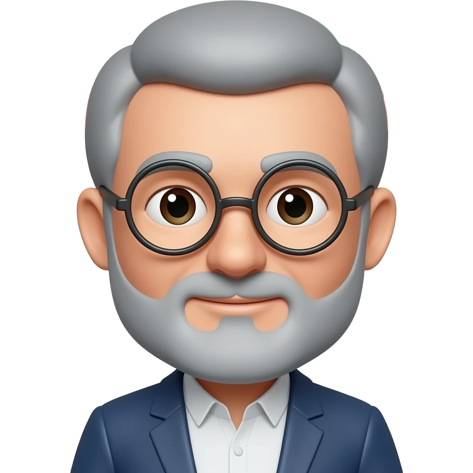 An illustrative 3D emoji portrait of Masoud Pezeshkian, looking forward. Focus on his key features: round spectacles, grey-white beard, and greying hair. He has a calm expression. Behind his figure, a small, subtle Iranian flag (green, white, red horizontal stripes with the central red symbol) emoji