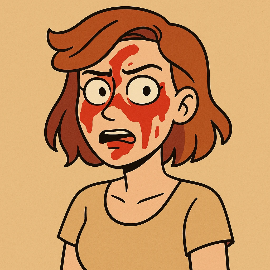 a woman with red paint on her face, expressive cartoon style emoji