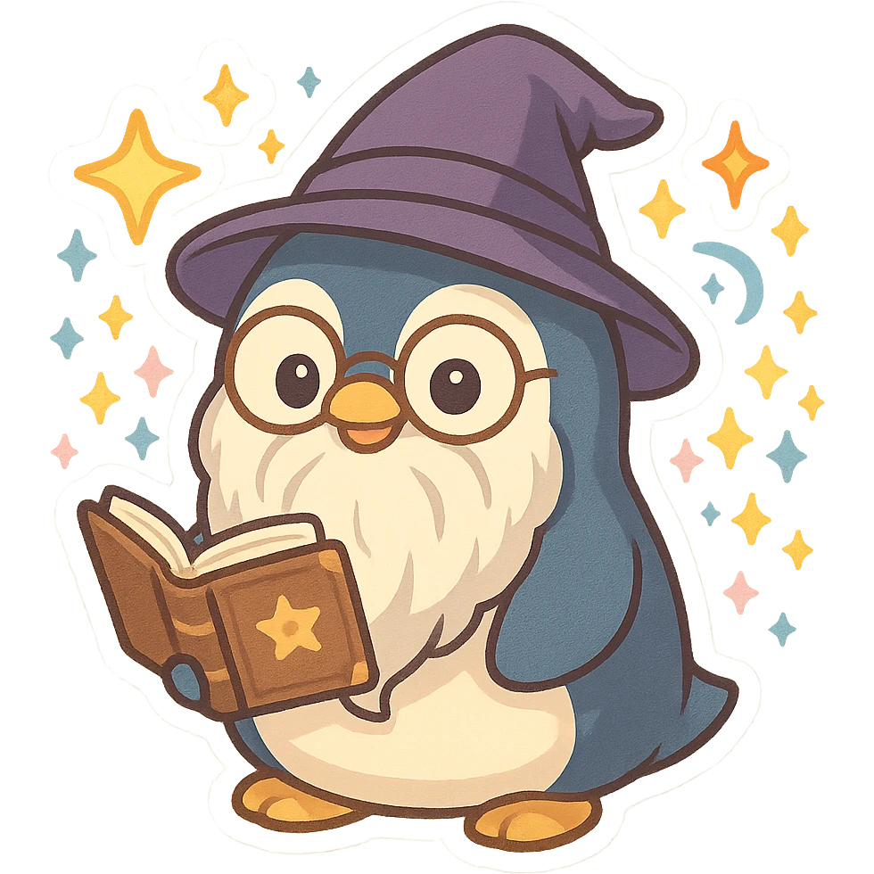 a cartoon penguin wizard with glasses, a long beard, and a spellbook, surrounded by magical effects emoji
