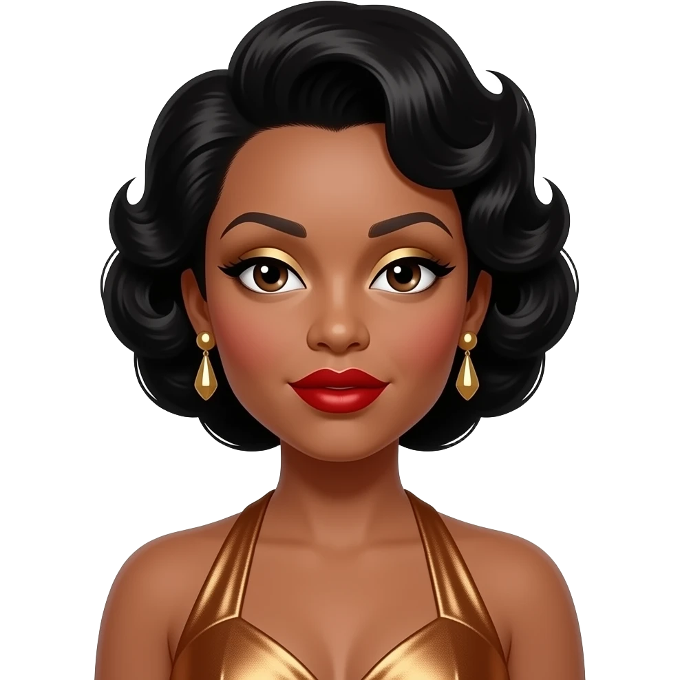 Lena Horne with dark brown eyes, black 40s curls updo hair, gold eyeshadow, red lipstick, bronze metallic halter dress, earrings emoji