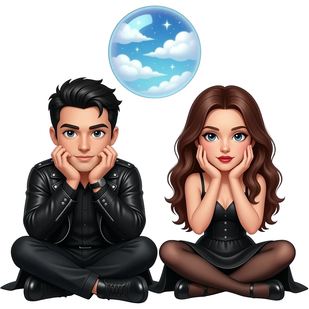 Sexy gothic man and woman sitting next to eachother both with their arms on their knees and their chins resting in their hands. With a dreamy glowy bubble ball in the middle above  them filled with magickal clouds emoji