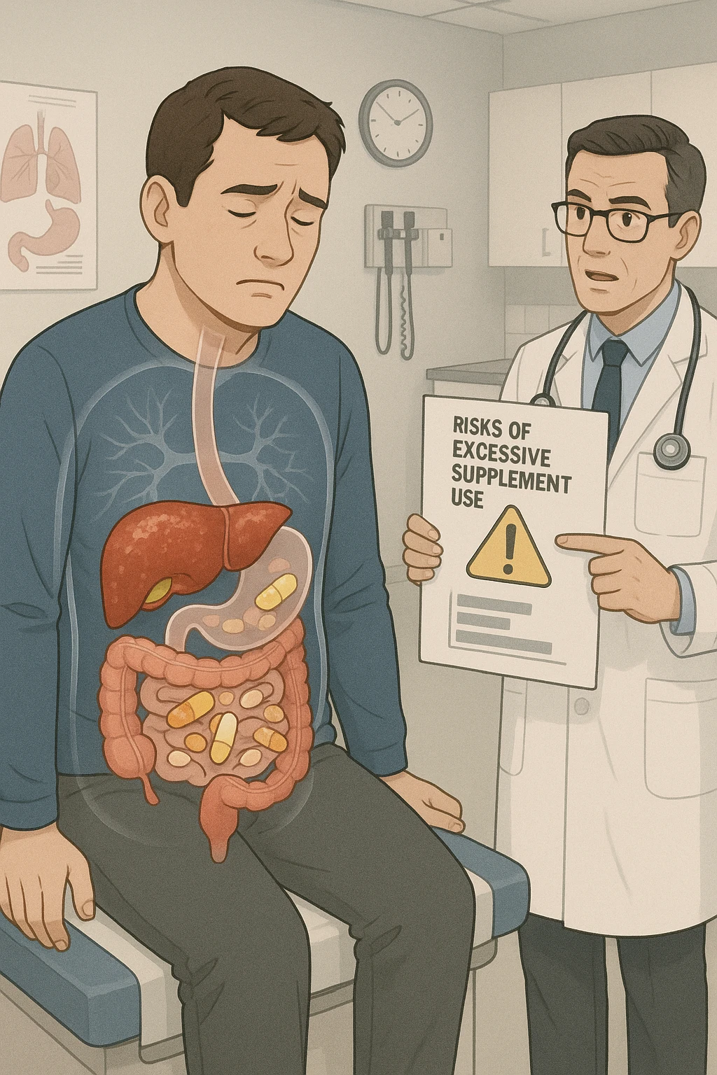 a man sits on a doctor’s examination table, looking fatigued and uncomfortable. A transparent anatomical overlay reveals his liver and intestines, both appearing inflamed and congested, with stylized supplement capsules and pills scattered throughout the digestive tract. The doctor stands nearby, holding a chart that highlights the risks of excessive supplement use. The mood is clinical and educational. emoji