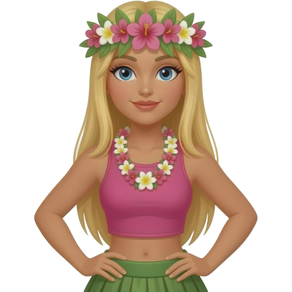Hawaiian hula dancer with straight blonde hair and blue eyes with a body and a flower crown and a cropped tank top instead of a bra, should be full body and tank top with pink colors emoji