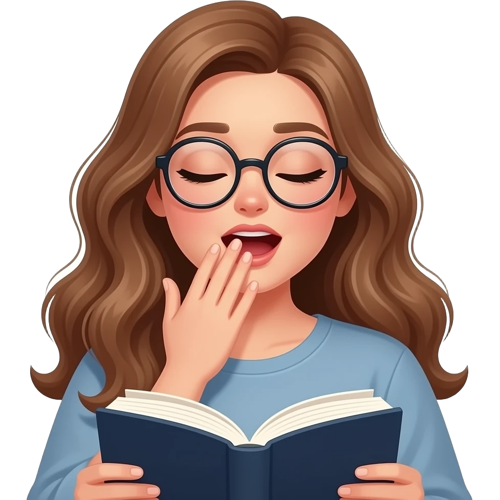 detailed emoji illustration of a curvy woman with long light brown wavy hair, light brown eyes and round glasses reading a book while yawning, late night reading instead of sleeping, cozy vibe, cute emoji style emoji
