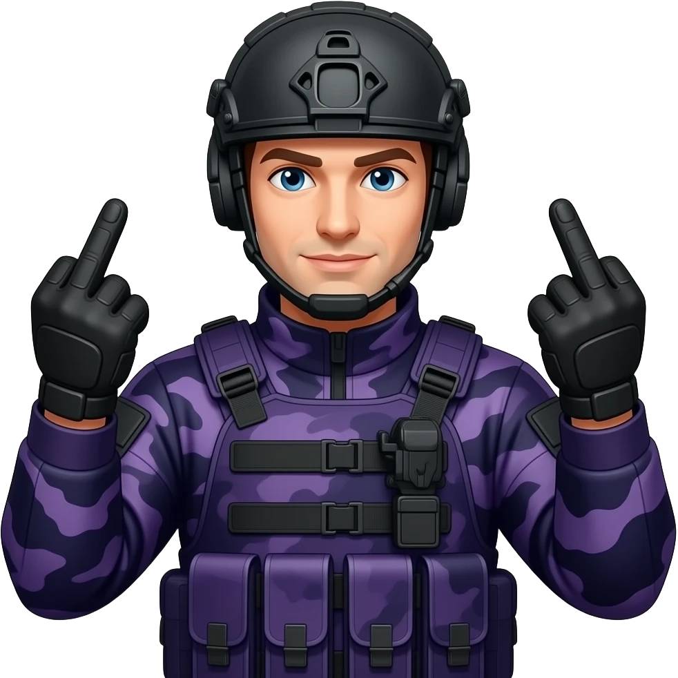 Man in dark purple camoflage tactical gear giving the finger two times emoji