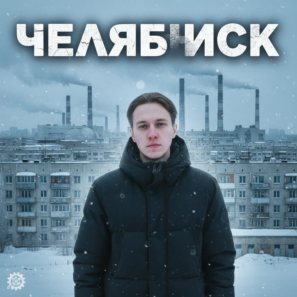 Сгенерируй мне такое же превью, с этим человеком, только чтобы было написанно ЧЕЛЯБИНСК, и на фоне всё связанное с челябинском, много заводов, депресивные панельные дома СССР и холод emoji