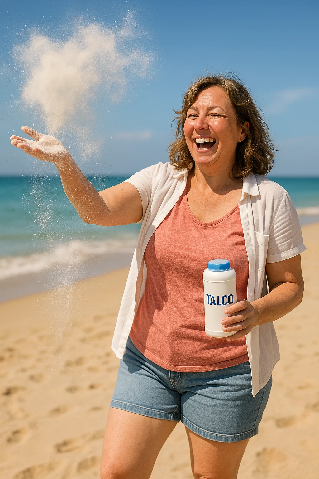Donna in spiaggia che butta il borotalco italiano, la donna è intorno ai 66kg emoji