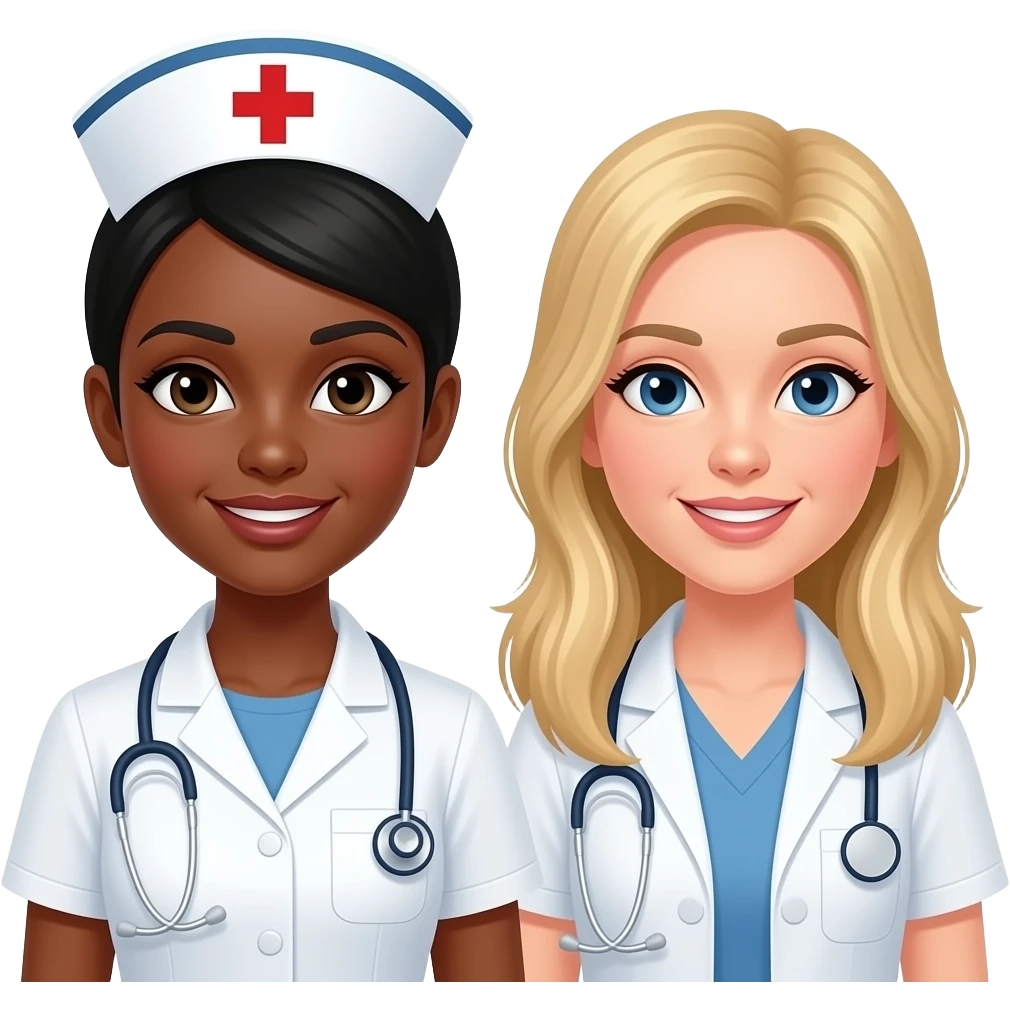 Necesito una imagen de una enfermera blanca de pelo negro junto con una nutricionista rubia pelo largo pero que sean dos chicas emoji