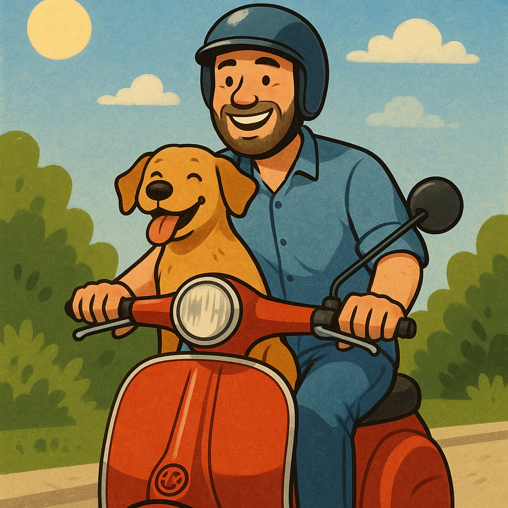 man and his pet dog riding a vespa emoji