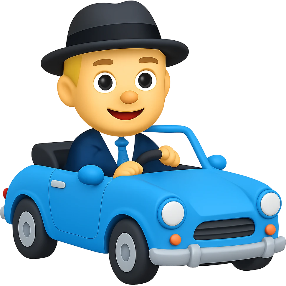 Accountant in blue car drive to Lipetsk, with a hat, emoji style emoji