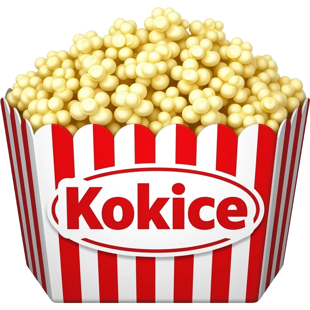 popcorn in a red and white striped box that says Kokice in the front emoji