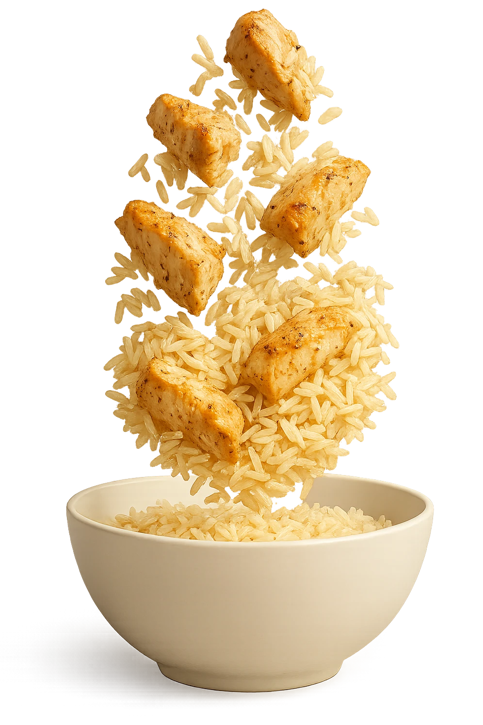 bowl bianca con pollo e riso che ci cadono dentro emoji