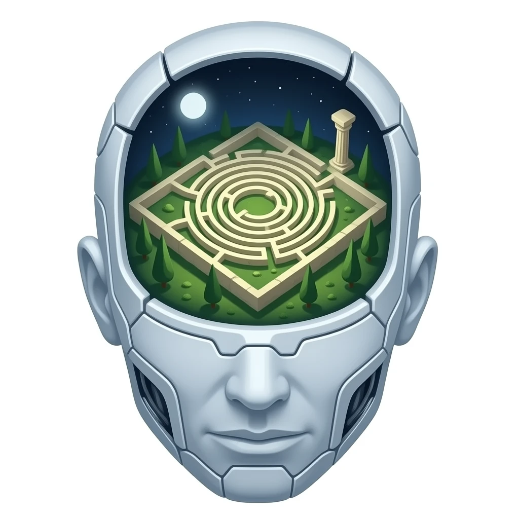 a view from above into an open futuristic cybernetic head that contains the space of an ancient labyrinth emoji