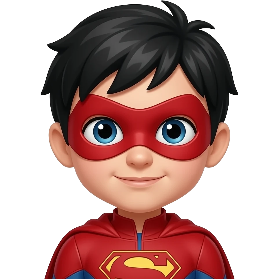 quiero que me hagas a un superheroe con el pelo negro mascara roja i con un traje rojo que sea un niño congelado emoji