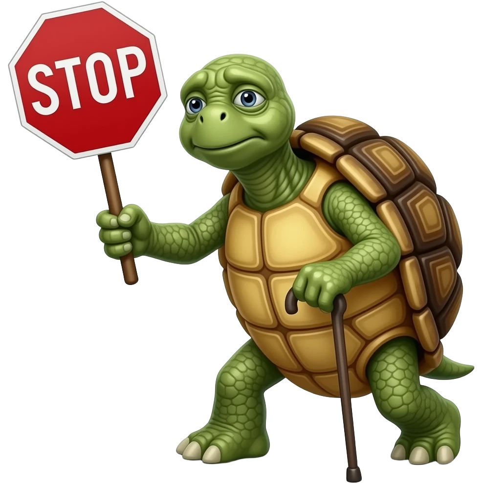 extremely old, wrinkled, tired-looking turtle holding a stop sign. he is using a cane to walk. emoji