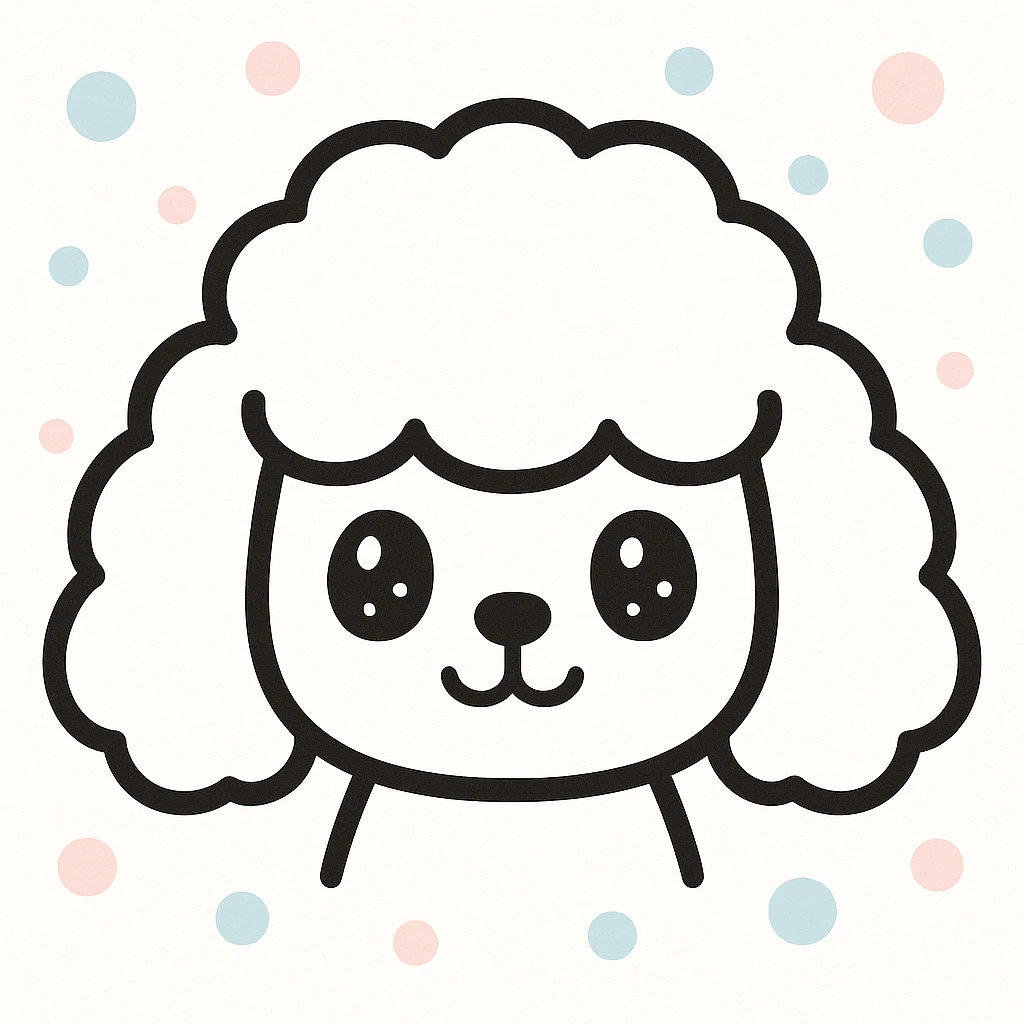 minimalist kawaii poodle dog head: large, fluffy, round head, puffy curly ears hanging down, very simple face with dot eyes, small round nose, upside-down 'Y' mouth. thick, bold, clean black lines, white background, no color or shading. calm, sweet, symmetrical, child-friendly, hand-drawn but polished look. emoji