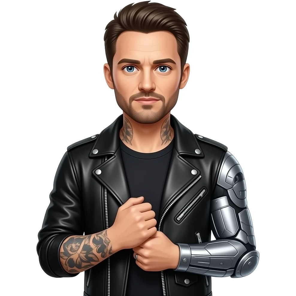 Sebastian Stan with tattoos and a leather jacket and one metal arm emoji