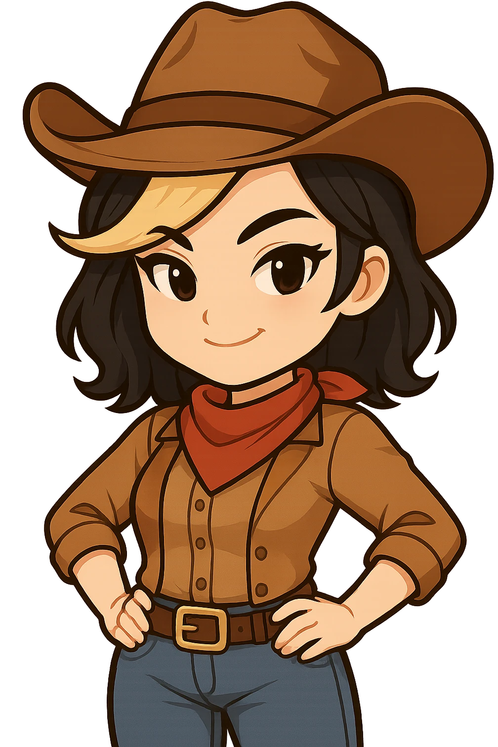 Chibi cowgirl with slightly longer hair and a blonde streak, wearing a cowboy hat and western outfit, no guns, chibi/anime style, transparent background, sized for Twitch or Discord use. Pose: hands on hips, smirking expression. emoji