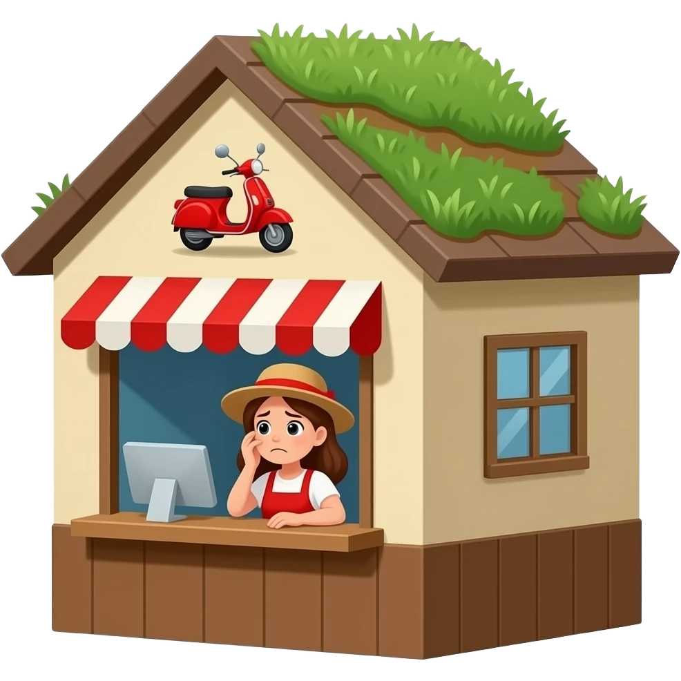 A small coffee shop named scooters with a pitched roof with grass growing on it. The logo is red, the building walls are tan and brown. An extremely stressed woman with straw hair is working the drive-through window.  emoji
