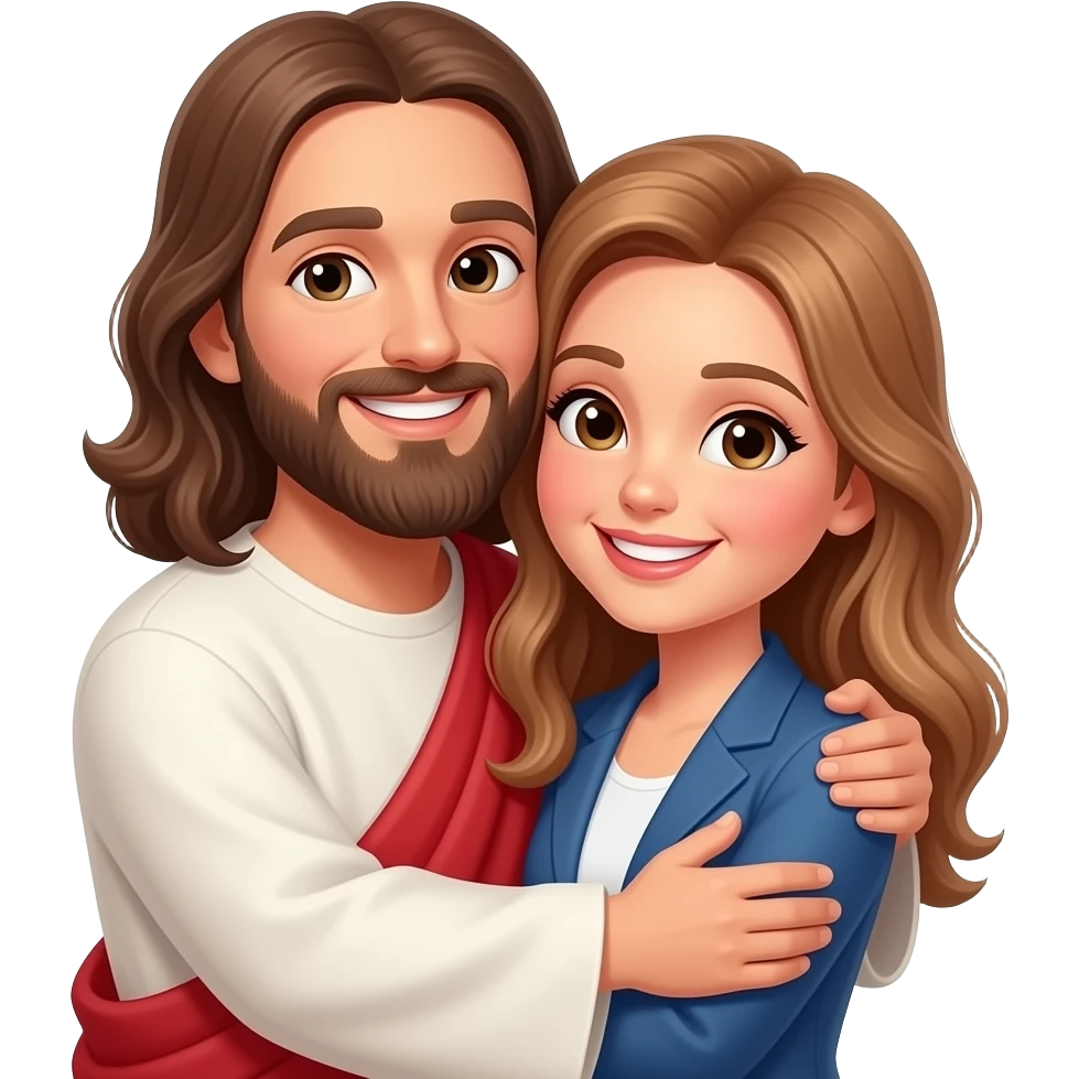 Jesus hugging a modern day woman with light brown hair with smiles on both their faces emoji
