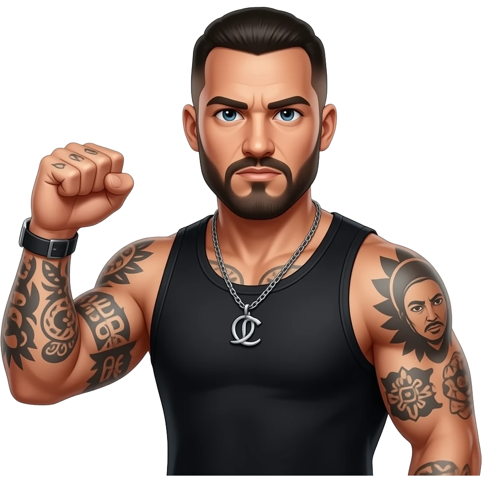 A tough, gang-member type—muscular and tattooed—clenching his fist. emoji