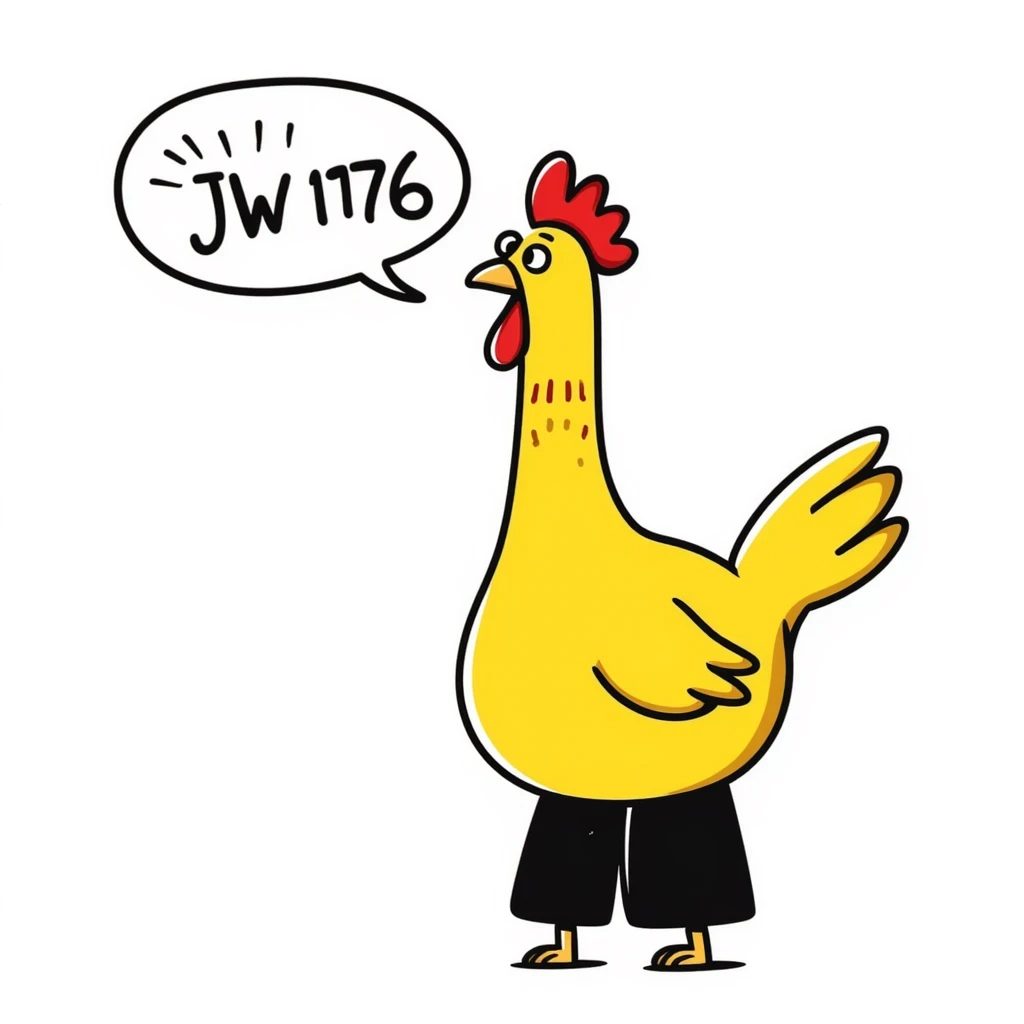 shouting yellow long neck chicken with the words 'JW 1776' in a speech bubble emoji