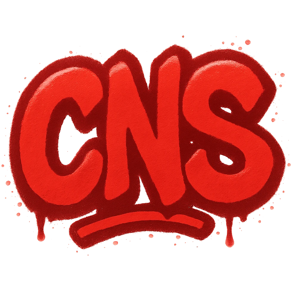 Сделай красное граффити с надписью "CNS" в стиле emoji iOS без фона emoji