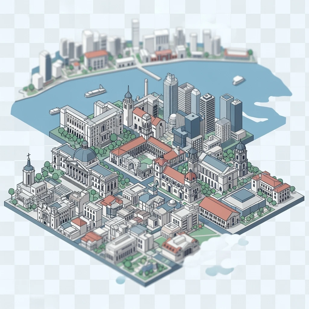 Isometric minimalistic illustration of Manila, subtle 3D miniature effect and Tilt Shift effect, no cartoonish look, transparent background. emoji