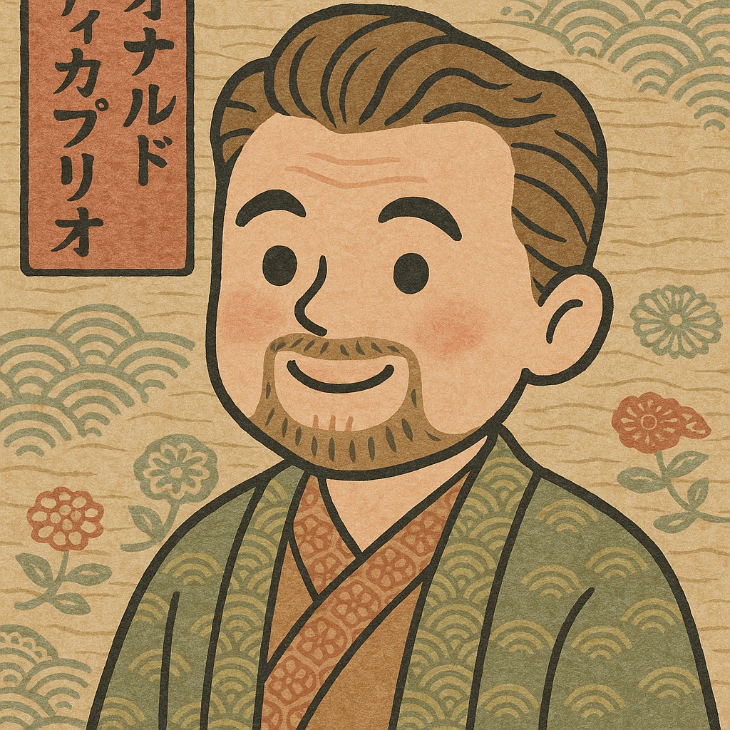 Leonardo DiCaprio's head, Irasutoya style, cheerful, big eyes, simple features, flat colors emoji