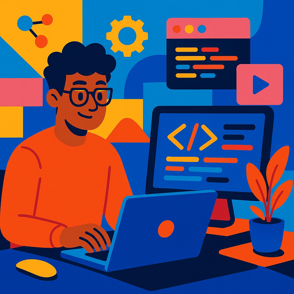 web developer coding on laptop, modern tech, creative, vibrant colors emoji