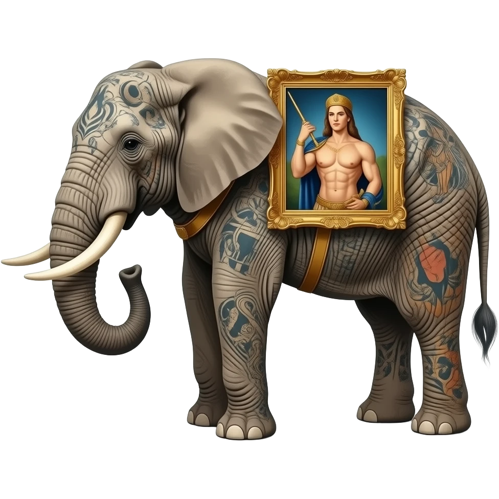 steampunk - a tattooed elephant with long legs from Salvador Dali's paintings carry muscular Lady Godiva on their backs emoji