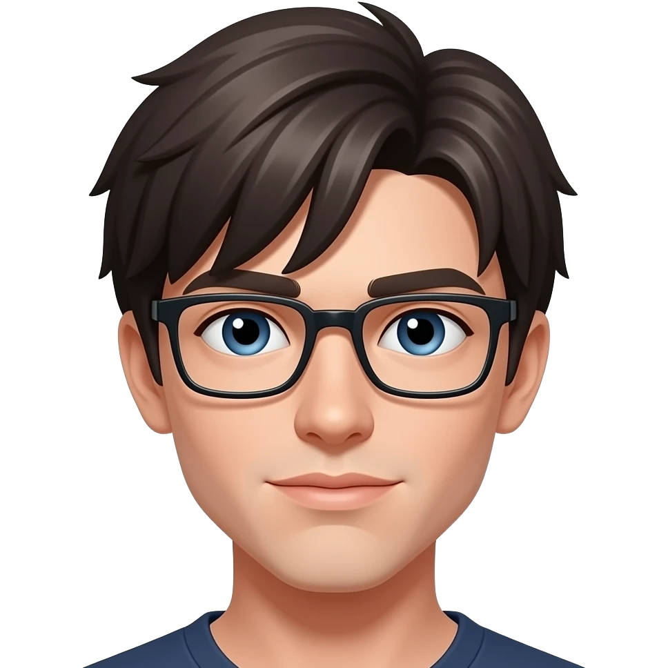 Голова парня с тёмно русыми волосами голубыми глазами в прямоугольных очках с тонкой оправой, черного цвета. без туловища, только голова. волосы лежат прямо, они чуть длинные, и лежат чуть на две стороны emoji