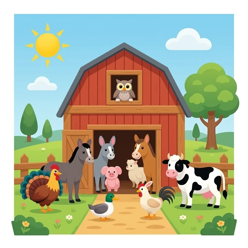 Not hyanimals inside the barn like have: bottom door: Duck, mouse, dog, horse, sheep, chicken, donkey, pig, goat, cat, rooster, rabbit, and llama. Top door: owl. Outside the door: Turkey and cow emoji