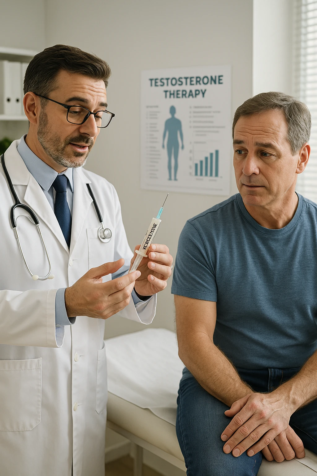a doctor in a white coat prepares a syringe labeled “Testosterone” while a middle-aged man sits calmly on the examination table, sleeve rolled up and looking slightly apprehensive but trusting. The doctor explains the procedure, and a medical chart about testosterone therapy is visible in the background. The mood is professional and reassuring. emoji