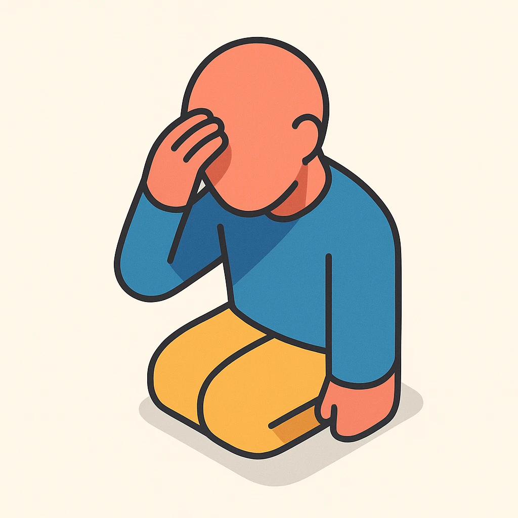 minimalist human silhouette without hair, holding head, symbol of fatigue, stress or headache, 2D isometric style, very simple shape, clear shadows and highlights emoji