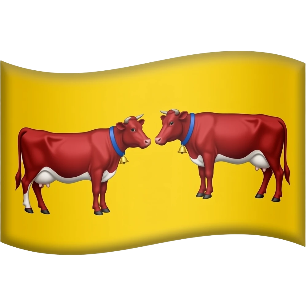 Drapeau jaune avec deux vaches rouge face a face portant un collier bleu avec une cloche de ferme emoji