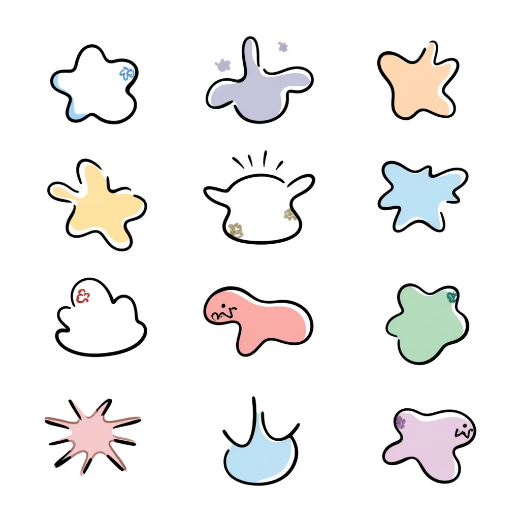 Colorful paint splatters, drips, and splashes in various shapes. Using specific pastel colors (dd9fb0, ffc6d3, a3bfc9, c4bee2, f1b091). Hand-drawn doodle style with playful, artistic splatter patterns. Transparent background. emoji