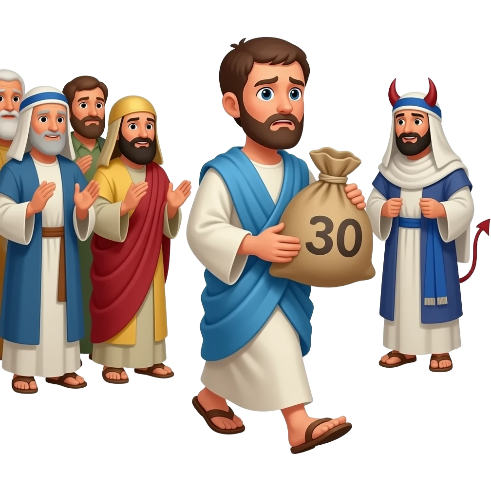 A full bodied short hair man, wearing old clothing from biblical times , holding a sack of 30 silver coins closely to him with a nervous look on his face , walking away from isrealite and religious leaders with satisfied faces and Satan grinning and lurking near by emoji
