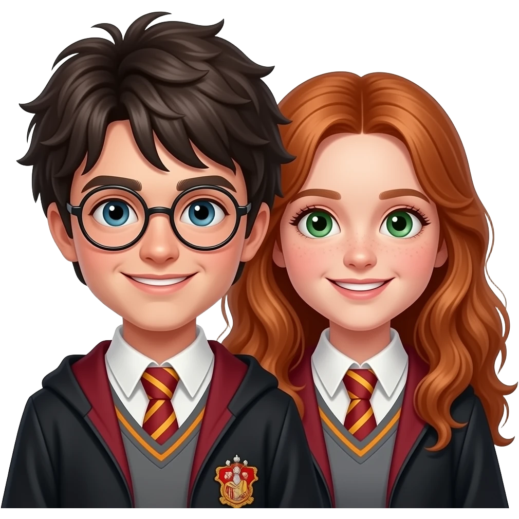 James and Lily Potter emoji, Apple style, clean 3D, soft gradients, young adults, James messy black hair and glasses, Lily long red hair and green eyes, warm expressions, minimal icon, centered, white background, high detail emoji