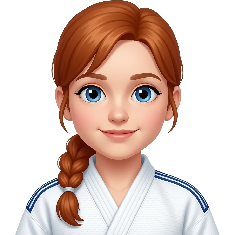 a girl with long red hair in a low ponytail, 13 years old with a judopak with blue eyes emoji