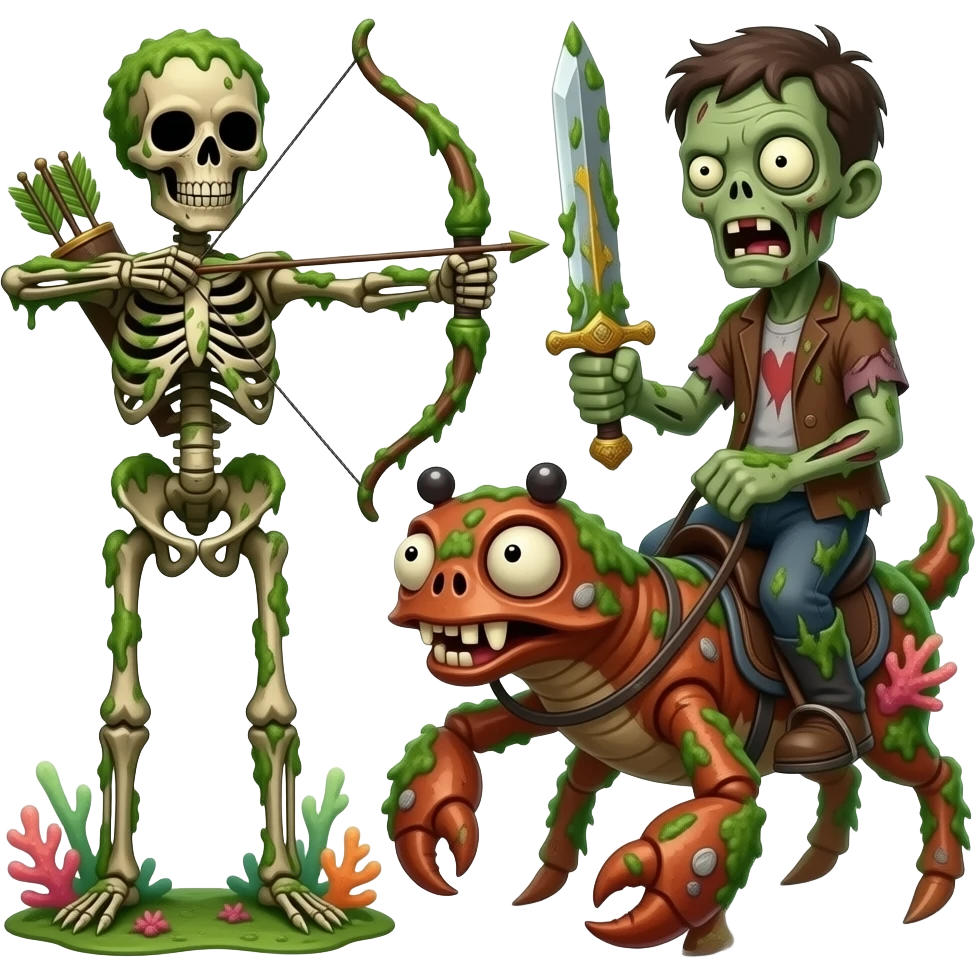 A  algae covered brown skeleton covered with corals and seaweed holding an algae covered bow and arrow A  algae covered brown zombie covered with corals and seaweed holding an algae covered sword  riding on an algae covered crab covered with barnacles and algae and coral emoji
