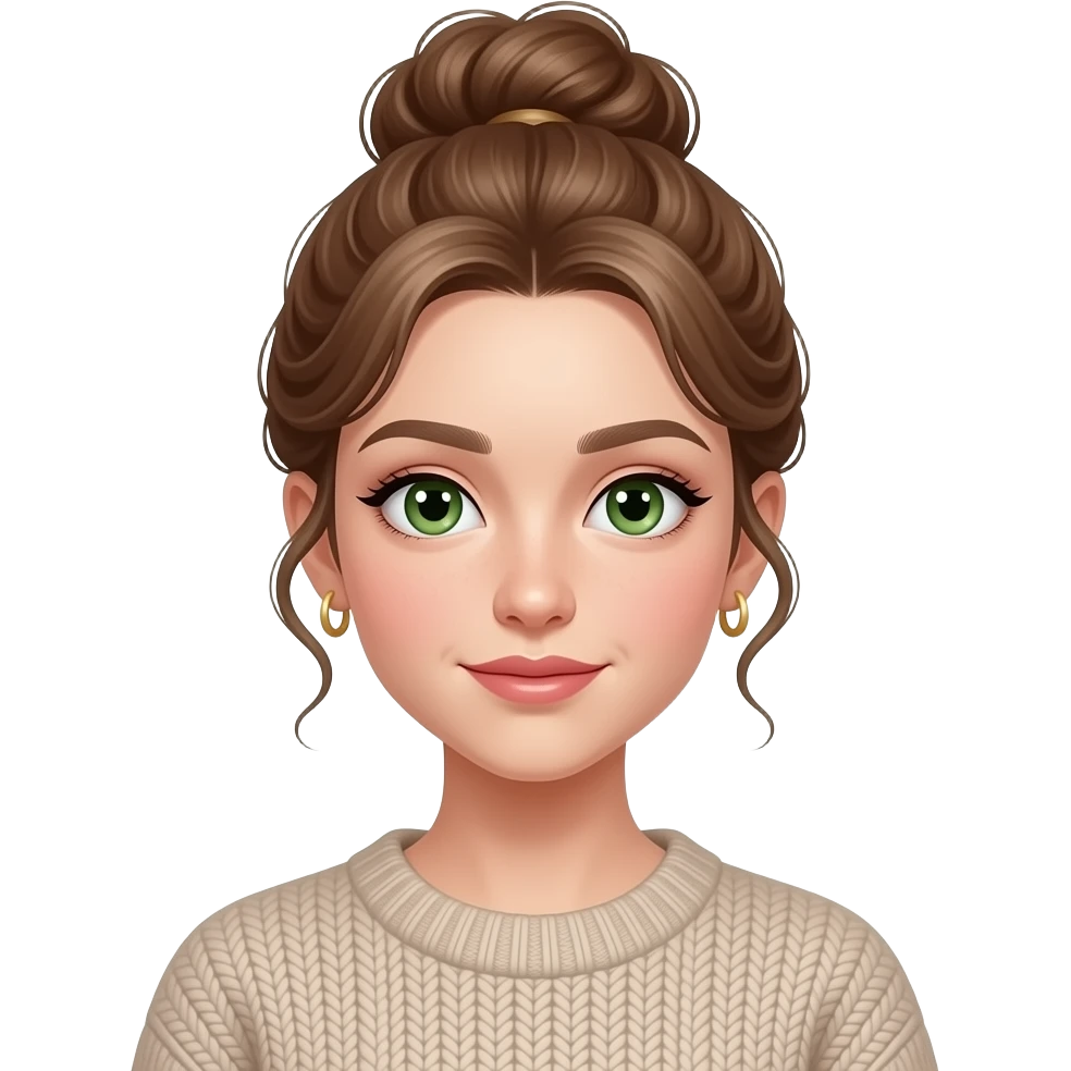 fille cheveux bruns clair 18 ans, yeux verts, cheveux en chignon haut ondulés,maquillage, botox, pull, anneaux dorés aux oreilles emoji