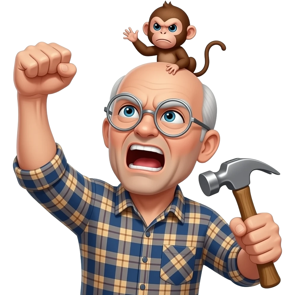 Angry old man with a plaid shirt with silver round glasses balding, NO facial hair yelling at the sky and shaking his fist at the sky holding a hammer in his LEFT hand with a angry baby monkey on his head. emoji